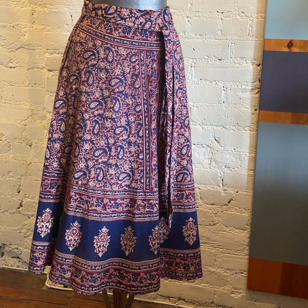 SOLD Vintage Indian Skirt Wrap Block Print Prairie Hippie Boho Cottagecore - Picture 1 of 5